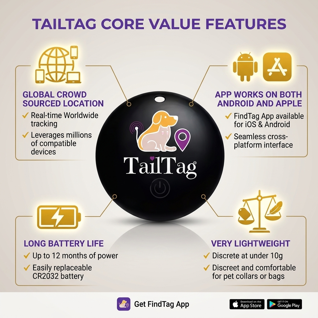TailTags – Apple AirTag Compatible Tracking Tag for Apple and Android - TailTags is an affordable, lightweight pet tracker that is compatible with the Apple AirTag Find My Network to offer global crowd-sourced location tracking—without the need for a SIM card or monthly fees. Best of all the app works on both Apple and Android. Unlike traditional Bluetooth trackers limited to a 10-meter range, TailTags leverages billions of nearby smartphones to help locate lost pets anywhere. It features a 12–14 month battery life, water-resistant ABS shell, and a built-in buzzer for close-range sound alerts. Controlled via the Find Tag app (iOS & Android), it allows pet owners to track, ring, and share access with others. TailTags is the smarter, cost-effective alternative to GPS trackers—ideal for everyday peace of mind. - TAI-TRA-0-1 TailTags – Apple AirTag Compatible Tracking Tag for Apple and Android - Image 3