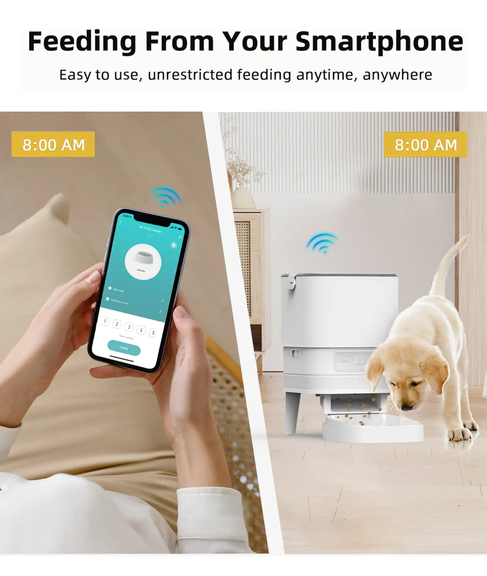 Elegant Connected Auto Feeder - The <strong>Elegant Connected Auto Feeder</strong> is a sleek, WiFi-enabled pet feeder designed for busy pet owners. With a 4-liter food tank and customizable portion control, it ensures consistent, scheduled feeding to support your pet’s health. Made from durable, food-grade ABS, it offers advanced features like automatic blockage reversal and low food/battery alerts. This feeder allows for remote management via a user-friendly app, making feeding convenient even when you're not home. - elegant-feeder-01 Elegant Connected Auto Feeder