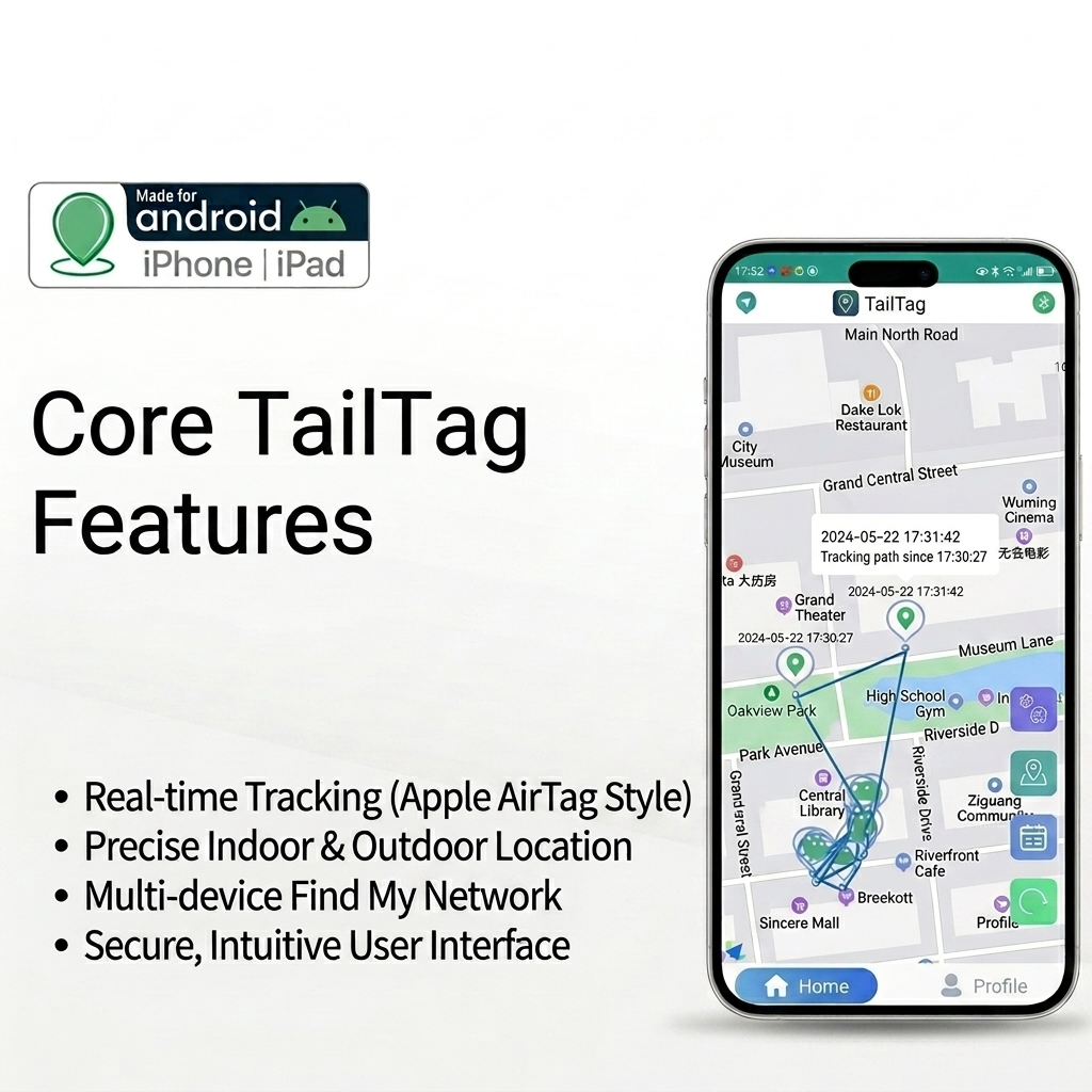 TailTags – Apple AirTag Compatible Tracking Tag for Apple and Android - TailTags is an affordable, lightweight pet tracker that is compatible with the Apple AirTag Find My Network to offer global crowd-sourced location tracking—without the need for a SIM card or monthly fees. Best of all the app works on both Apple and Android. Unlike traditional Bluetooth trackers limited to a 10-meter range, TailTags leverages billions of nearby smartphones to help locate lost pets anywhere. It features a 12–14 month battery life, water-resistant ABS shell, and a built-in buzzer for close-range sound alerts. Controlled via the Find Tag app (iOS & Android), it allows pet owners to track, ring, and share access with others. TailTags is the smarter, cost-effective alternative to GPS trackers—ideal for everyday peace of mind. - TAI-TRA-0-1 TailTags – Apple AirTag Compatible Tracking Tag for Apple and Android - Image 7